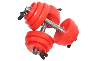 A sporting equipment - two red dumbbells. Isolated over white.